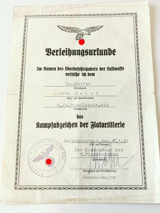 Verleihungsurkunde zum Kampfabzeichen der Flakartillerie,...