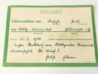 Lebenszeichenkarte grün ( an Feldpostnummer)  aus...