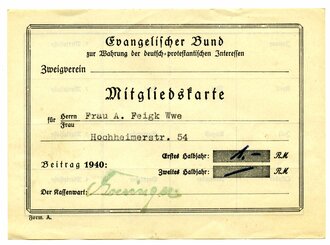 Mitgliedskarte Evangelischer Bund, datiert 1940