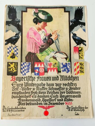 Winterhilfswerk, Urkunde Wintergabe "Bayerische Frauen und Mädchen" 1933, an den Rändern eingerissen