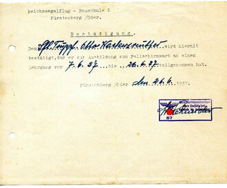 Einberufung zum Fallschirmwarte-Lehrgang, Reichssegelflug-Bauschule Fürstenberg / Oder, datiert 1937