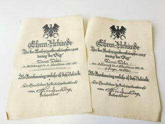 2 Ehrenurkunden der Reichsjugendwettkämpfe 1926 von der Humboldtschule in Karlsruhe, Maße A4