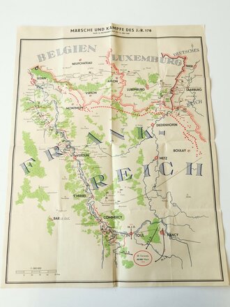 Übersichtskarte "Märsche und Kämpfe des Infanterie Regiments 178 vom 14. November 1939 bis 11. Juli 1940" Frankreich, Belgien, Luxemburg mit u. A. Sedan, Verdun, Maße 48 x 63 cm