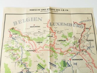 Übersichtskarte "Märsche und Kämpfe des Infanterie Regiments 178 vom 14. November 1939 bis 11. Juli 1940" Frankreich, Belgien, Luxemburg mit u. A. Sedan, Verdun, Maße 48 x 63 cm