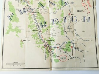 Übersichtskarte "Märsche und Kämpfe des Infanterie Regiments 178 vom 14. November 1939 bis 11. Juli 1940" Frankreich, Belgien, Luxemburg mit u. A. Sedan, Verdun, Maße 48 x 63 cm