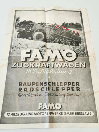 Plakat "FAMO Zugkraftwagen - 18 To. Zugleistung" - Raupenschlepper, Radschlepper für verschiedene Verwendungszwecke, FAMO GmbH Breslau, Maße 42 x 59 cm, einige kleinere Risse und Flecken