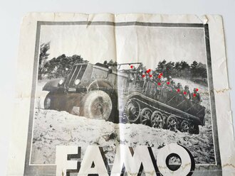 Plakat "FAMO Zugkraftwagen - 18 To. Zugleistung" - Raupenschlepper, Radschlepper für verschiedene Verwendungszwecke, FAMO GmbH Breslau, Maße 42 x 59 cm, einige kleinere Risse und Flecken