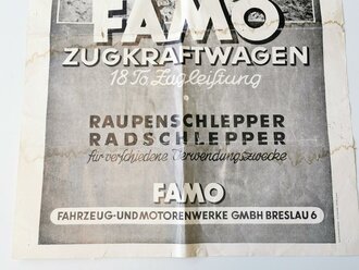 Plakat "FAMO Zugkraftwagen - 18 To. Zugleistung" - Raupenschlepper, Radschlepper für verschiedene Verwendungszwecke, FAMO GmbH Breslau, Maße 42 x 59 cm, einige kleinere Risse und Flecken