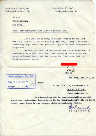 Antrag zur Verleihung der Erinnerungsmedaille "Einsatz Sudetenland" eines Feldwebel beim Geb. Jg. Rgt. 98, 7. Komp.