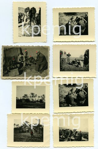 8 Aufnahmen von Angehörigen des Afrikakorps, Einmal mit Spähpanzer, Maße 4 x 5 cm