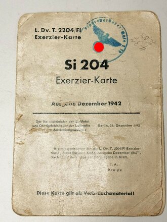 L.Dv.T.2204/Fl Exerzier Karte "Si 204", datiert 1942, Maße A6, Die Seiten teilweise voneinander gelöst
