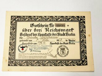 Geschenk der Sparkasse Berlin für einen 1937 geborenen Jungen aus Berlin-Zehlendorf "Gutschein über drei Reichsmark"