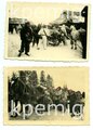 4 Aufnahmen von Angehörigen des Heeres in Wintertarnbekleidung mit Pferdegespann, Schlitten und Waffen, Maße 6 x 9 cm