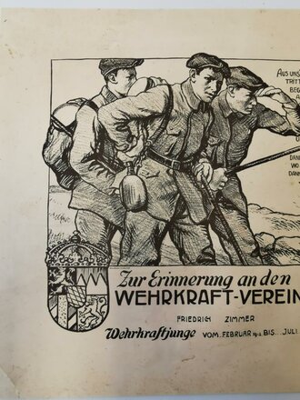 Bayern, grossformatige Urkunde "Zur Erinnerung an den Wehrkraftverein 1914" ausgestellt bei der Ortsgruppe Landau, 38 x 46cm