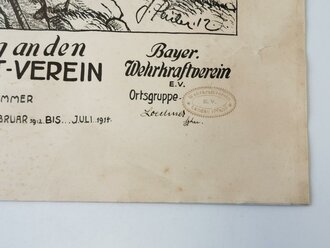Bayern, grossformatige Urkunde "Zur Erinnerung an den Wehrkraftverein 1914" ausgestellt bei der Ortsgruppe Landau, 38 x 46cm