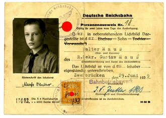 Deutsche Reichsbahn, Personenausweis Nr. 18, eines HJ Angehörigen aus Zweibrücken, datiert 1939