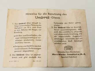 Hinweise für die Benutzung des Umbral-Glases, Maße 7 x 10 cm, Druckvermerk von 1941, gehört zur Allgemeinen Schutzbrille der Wehrmacht