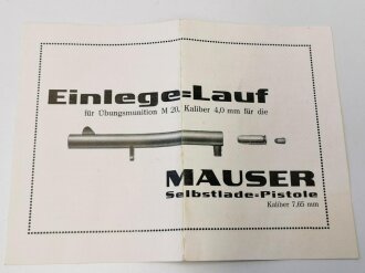 "Einlege Lauf für Übungsmunition M20 Kaliber 4,0 mm für die Mauser Selbstlade Pistole Kaliber 7,65" 4 seitiger Prospekt mit Druckvermerk von 1930