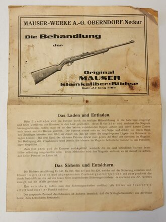 "Die Behandlung der Original Mauser Kleinkaliber Büchse Kal. 22 long rifle" 4 seitiger Prospekt mit Druckvermerk von 1929