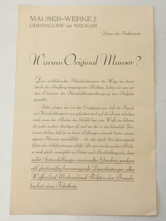 "Warum Original Mauser ?" 4 seitiger Prospekt mit Druckvermerk von 1930