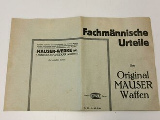 "Fachmännische Urteile über Original Mauser Waffen" 4 seitiger Prospekt mit Druckvermerk von 1930