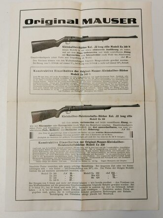 "Original Mauser " Doppelseitiger Prospekt mit Druckvermerk von 1930
