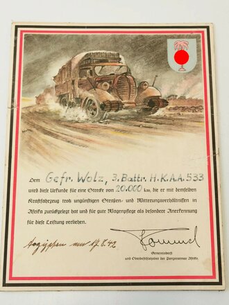 Afrikakorps, Annerkennungsurkunde für gute Wagenpflege,...