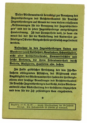 Bleibenausweis für Jugendliche, Reichsverband für Deutsche Jugendherbergen, von einem Mädchen aus Frankfurt a. M., datiert 1936