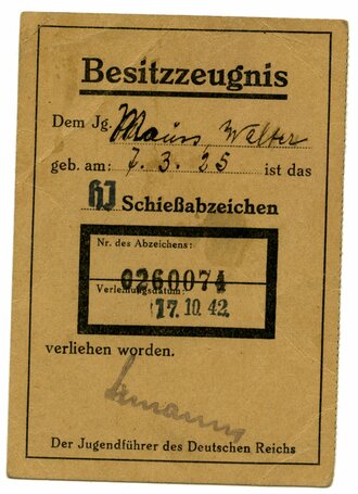 Besitzzeugnis für das HJ Schießabzeichen, Verleihungsdatum 17.10.1942