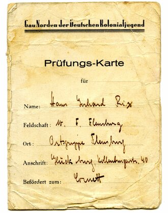 Prüfungs-Karte Jungmannen-Prüfung Gau Norden der Deutschen Kolonialjugend, datiert 1932