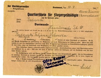 Quartierschein für Fliegergeschädigte gültig für Dortmund, datiert 10.7.1945