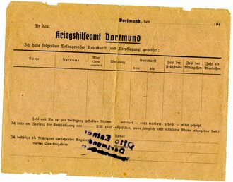 Quartierschein für Fliegergeschädigte gültig für Dortmund, datiert 10.7.1945