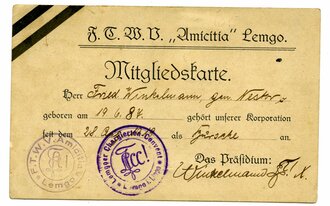 Studentenschaft, F.T.W.V. "Amicitia" Lemgo, Mitgliedskarte, datiert 1919