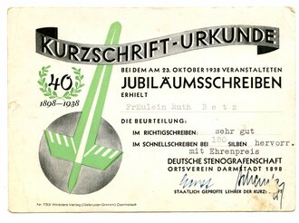 Deutsche Stenografschaft, Kurzschrift-Urkunde, datiert 23. Oktober 1938