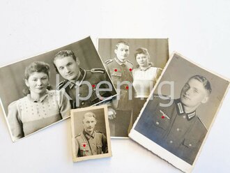 4 Studioaufnahmen eines Angehörigen des Inf. Reg. 13, einmal mit Luftwaffen Koppelschloss, Auszeichnungen Infanterie Sturmabzeichen und Nahkampfspange, Maße von 5 x 6 cm bis 10 x 14 cm