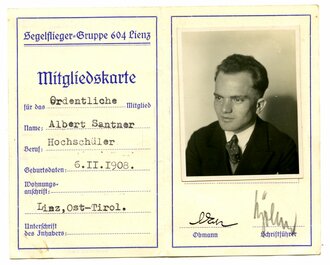Segelflieger Gruppe 604 Lienz im österr.Luftfahrt Verband, Mitgliedskarte, dazu ein Foto im Postkartenformat