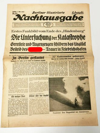 Luftschiff Hindenburg, Berliner Illustrierte - Nachtausgabe, 2. Ausgabe datiert 7. Mai 1937 "Erstes Funkbild vom Ende des Hindenburg"