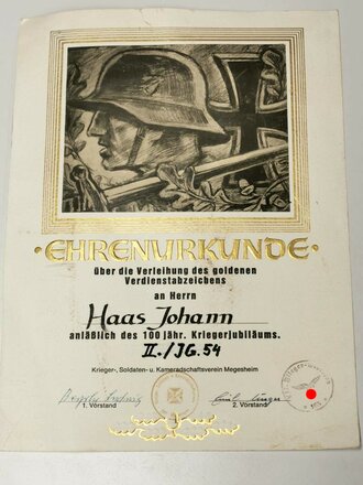 Deutschland nach 1945, Ehrenurkunde über die Verleihung des goldenen Verdienstabzeichens anlässlich des Jubiläums JG.54, Maße 24 x 32 cm