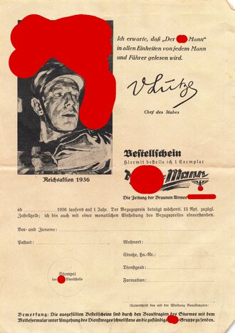 Bestellschein für ein Exemplar "Der SA-Mann - Die Zeitung der Braunen Armee Adolf Hitlers", Maße A5, nicht ausgefüllt