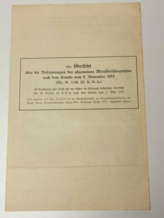 Meldeschein für Metalle an die Metall-Meldestelle der Kriegsrohstoff-Abteilung des königlichen Kriegsministeriums, Vordruck datiert 1915, nicht ausgefüllt