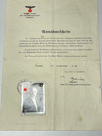 Annahmeschein der Amtlichen Deutschen Ein - und Rückwandererstelle eines Italienisch-Deutschen Mannes mit Wohnhaft in Truden, datiert 1940