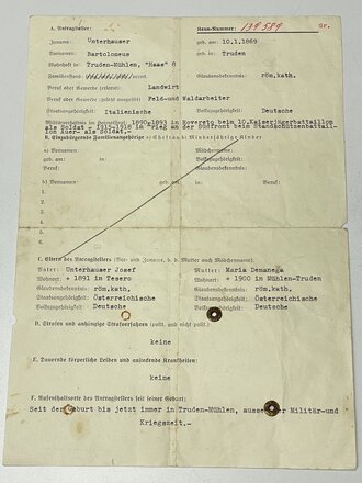 Annahmeschein der Amtlichen Deutschen Ein - und Rückwandererstelle eines Italienisch-Deutschen Mannes mit Wohnhaft in Truden, datiert 1940