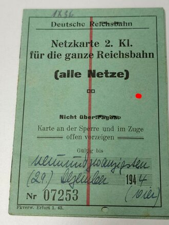 Netzkarte 2. Kl. für die ganze Reichsbahn (alle Netze), Fahrkartenausgabe Heidelberg, datiert 1944