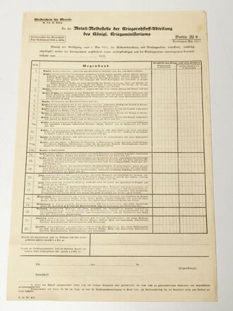 Meldeschein für Metalle an die Metall-Meldestelle der Kriegsrohstoff-Abteilung des Königlichen Kriegsministeriums, Vordruck datiert 1915, nicht ausgefüllt