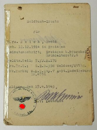 Soldbuch-Ersatz für einen Unteroffizier aus...