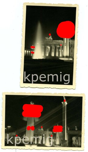 4 Nachtaufnahmen Berlin, Brandenburger Tor, Unter den Linden zum Empfang des ungarischen Reichsverweser 1938, Maße 6 x 9 cm