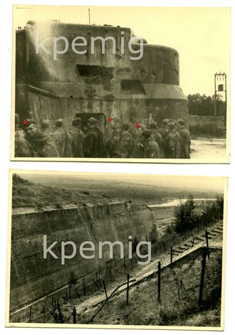 5 Aufnahmen von Luftwaffenangehörigen beim Besichtigen des Fort Eben-Emael, Maße 8 x 10 cm