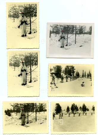 6 Aufnahmen eines Skitrupps in Wintertarnbekleidung,...