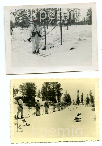 6 Aufnahmen eines Skitrupps in Wintertarnbekleidung,...