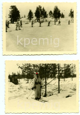 6 Aufnahmen eines Skitrupps in Wintertarnbekleidung, Maße 7 x 9 cm